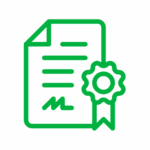 Line drawn icon of a piece of paper with an award ribbon to the right of the paper. Depicts a certificate.