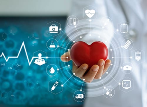 A doctor holding a (not realistic) heart with many metrics stylishly surrounding it.